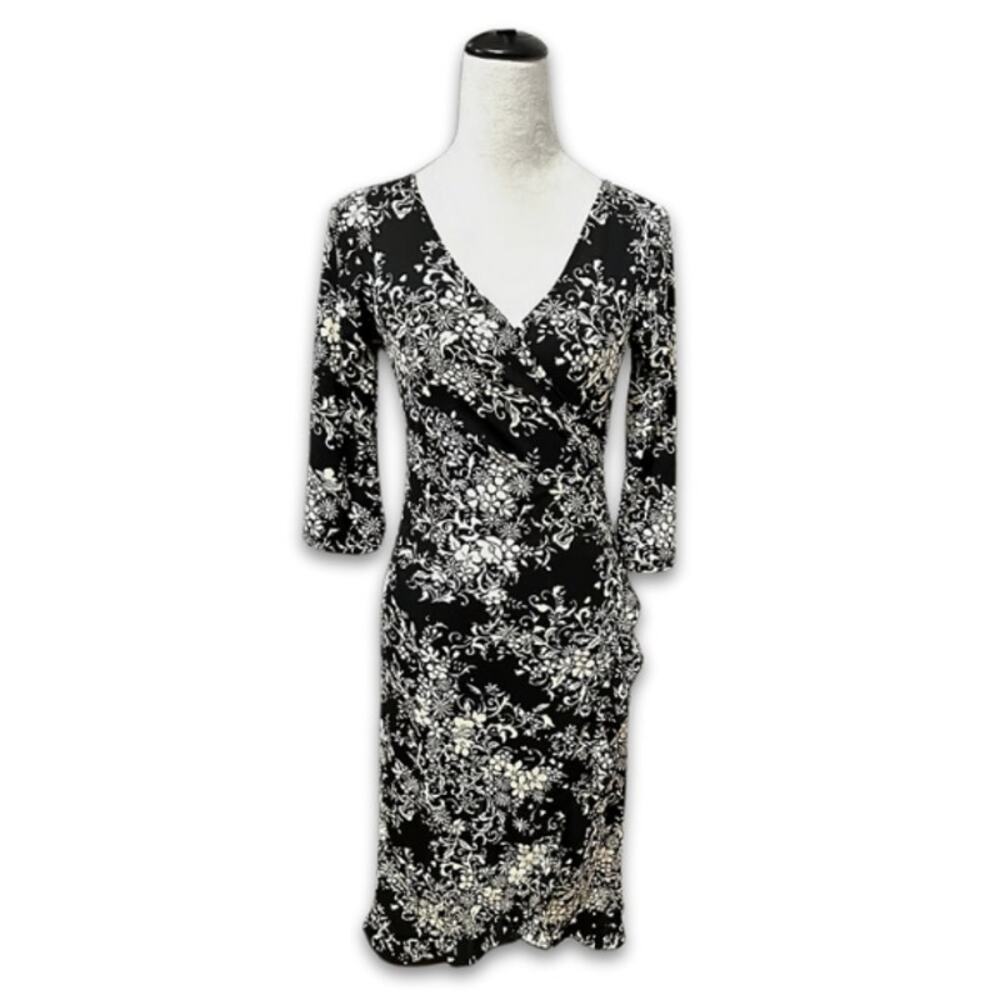 La Belle Midi Dress Wrap Style High Low V-Neck Lightweight Floral Black W Small